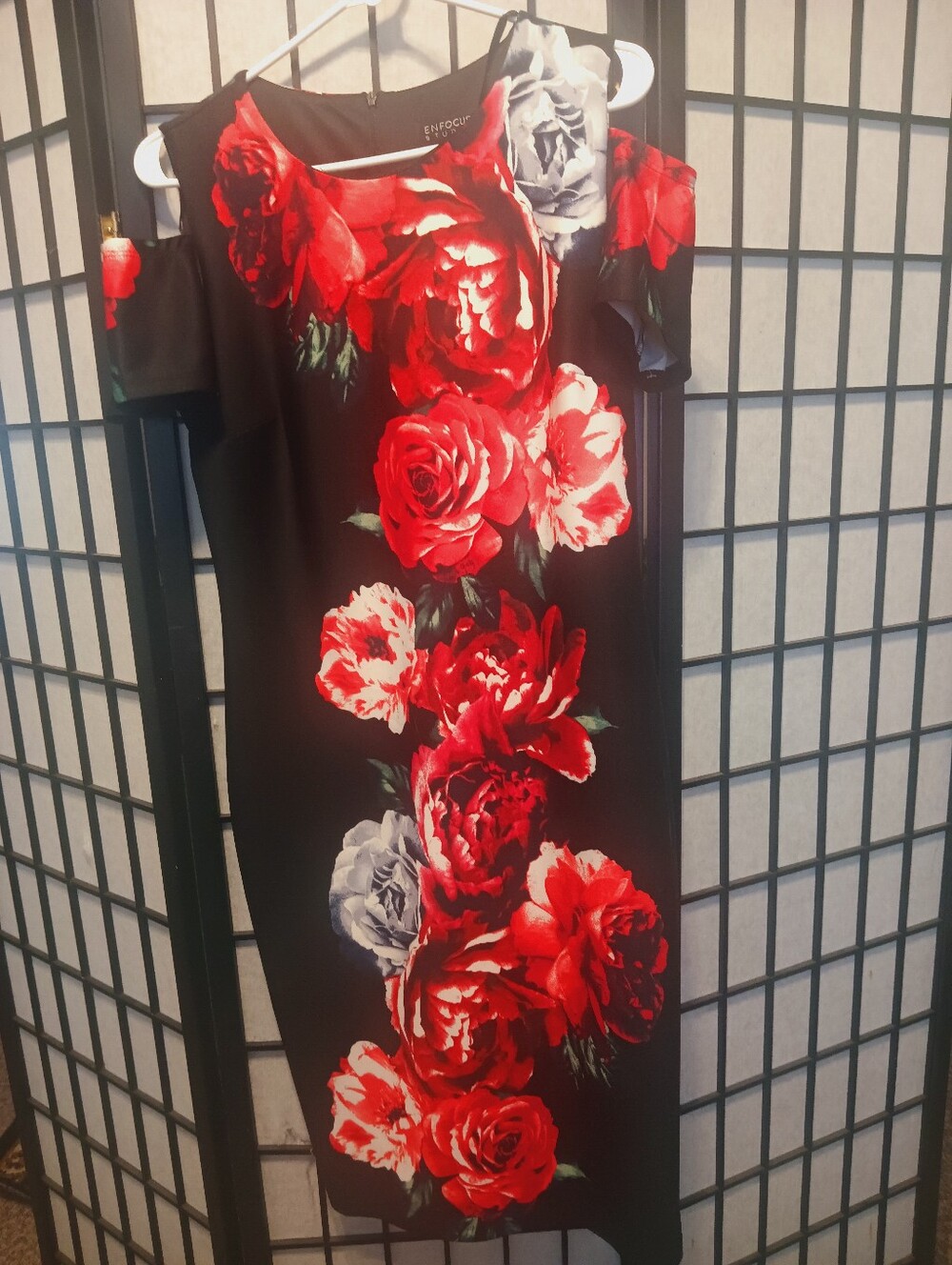 Enfocus Studio Black One-Shoulder Sheath Dress with Red Floral Print